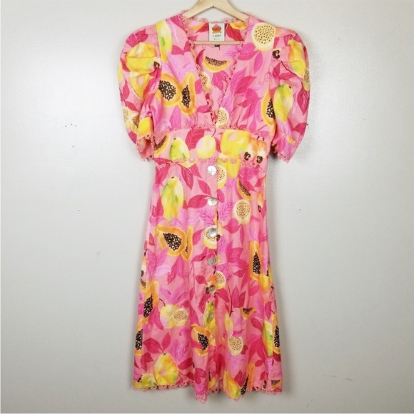 FARM RIO Pink Papaya Midi Dress 100% Linen Button Down Puff Sleeves US S - Picture 3 of 12